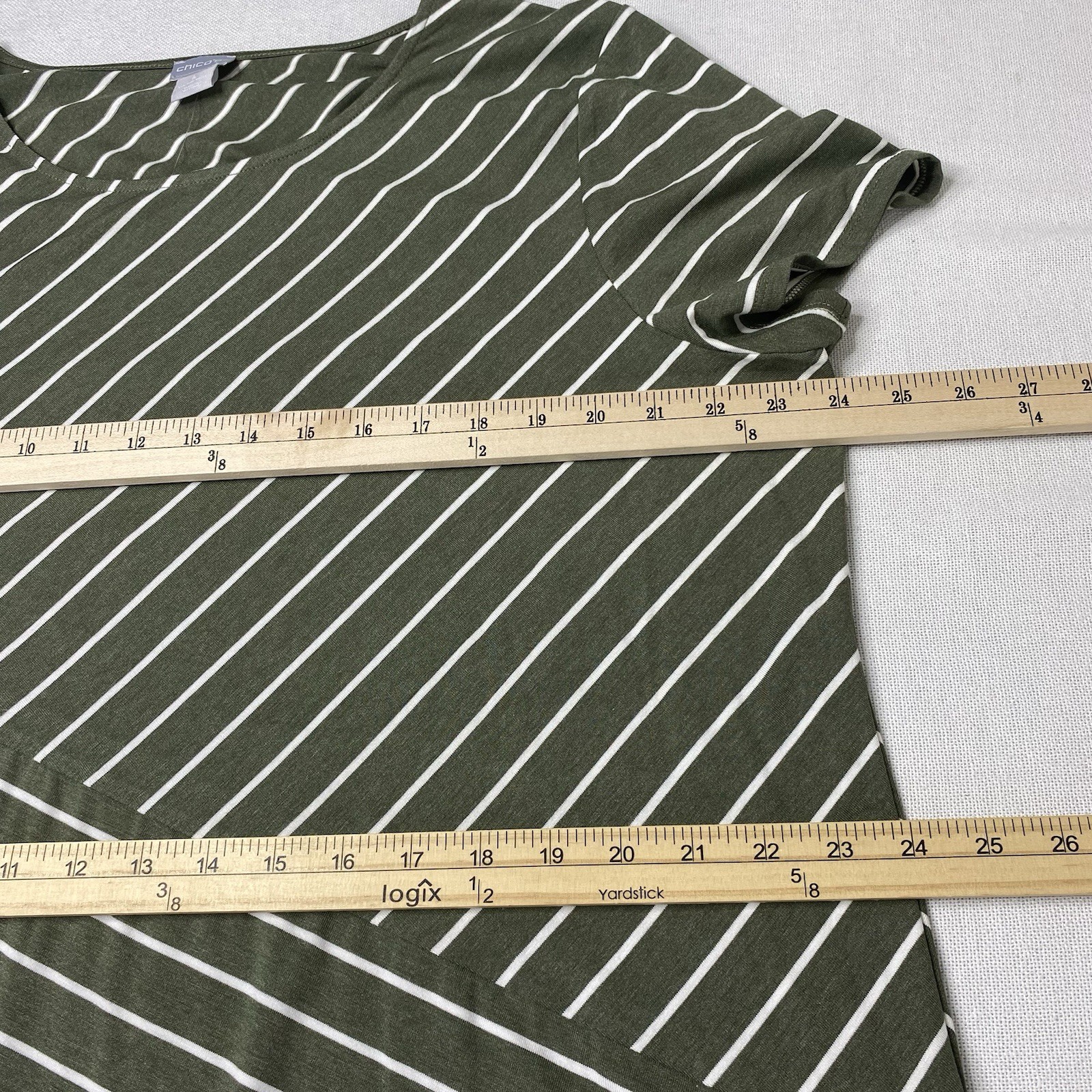 Chico’s Spliced Striped A Line Stretch Dress Sage Green White Size 4 U.S 20/22