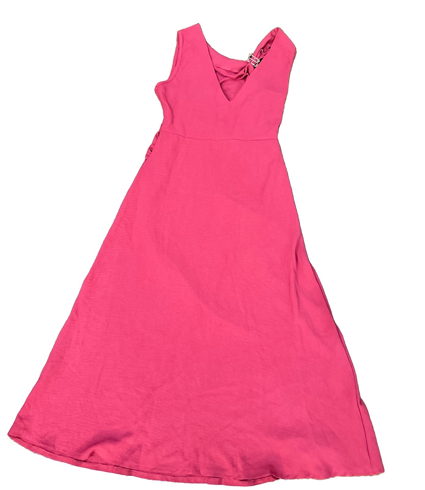 Red Solid Knit Polyester V-Neck Ruched Ring A-Line Midi Dress Sleeveless M