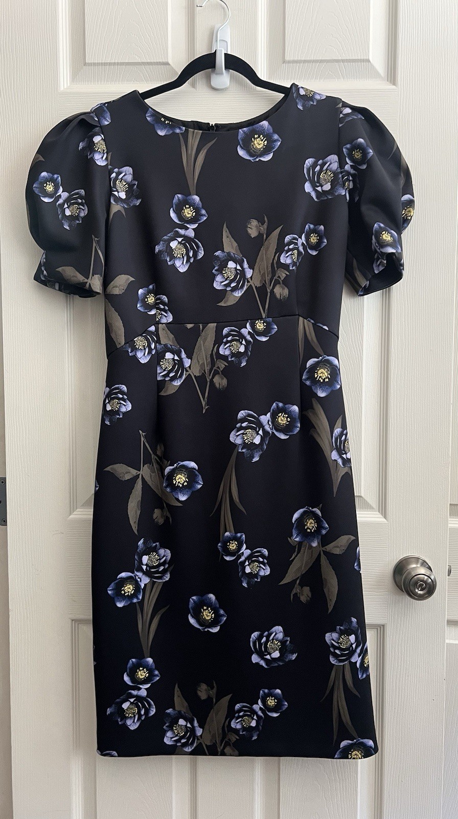 ALEX MARIE Black Floral Neoprene Scuba Puff Sleeve Stretch Sheath Dress Sz 10