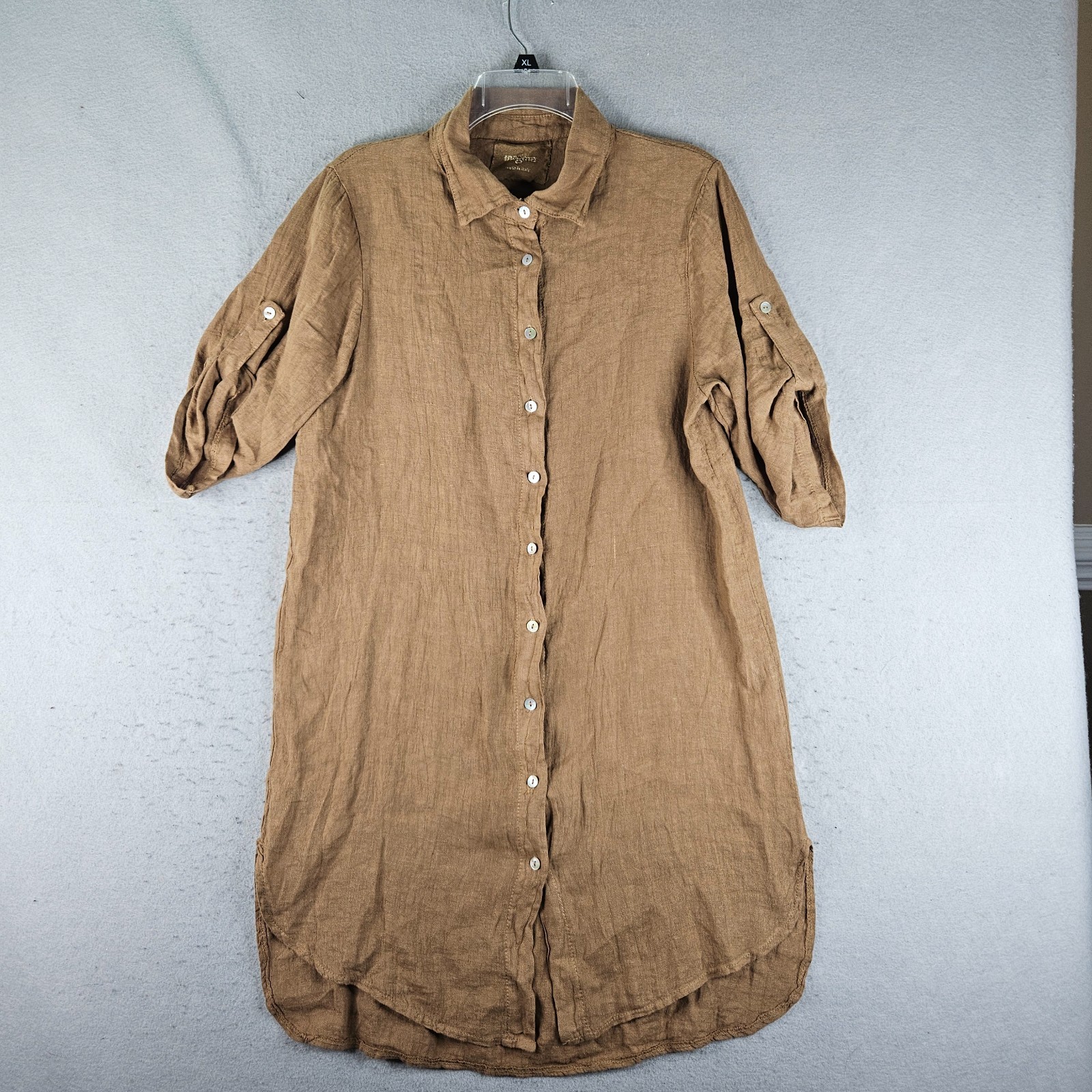 Magma Linen Shirt Dress womens Small to Medium Brown Full Button Roll Tab Sleeve