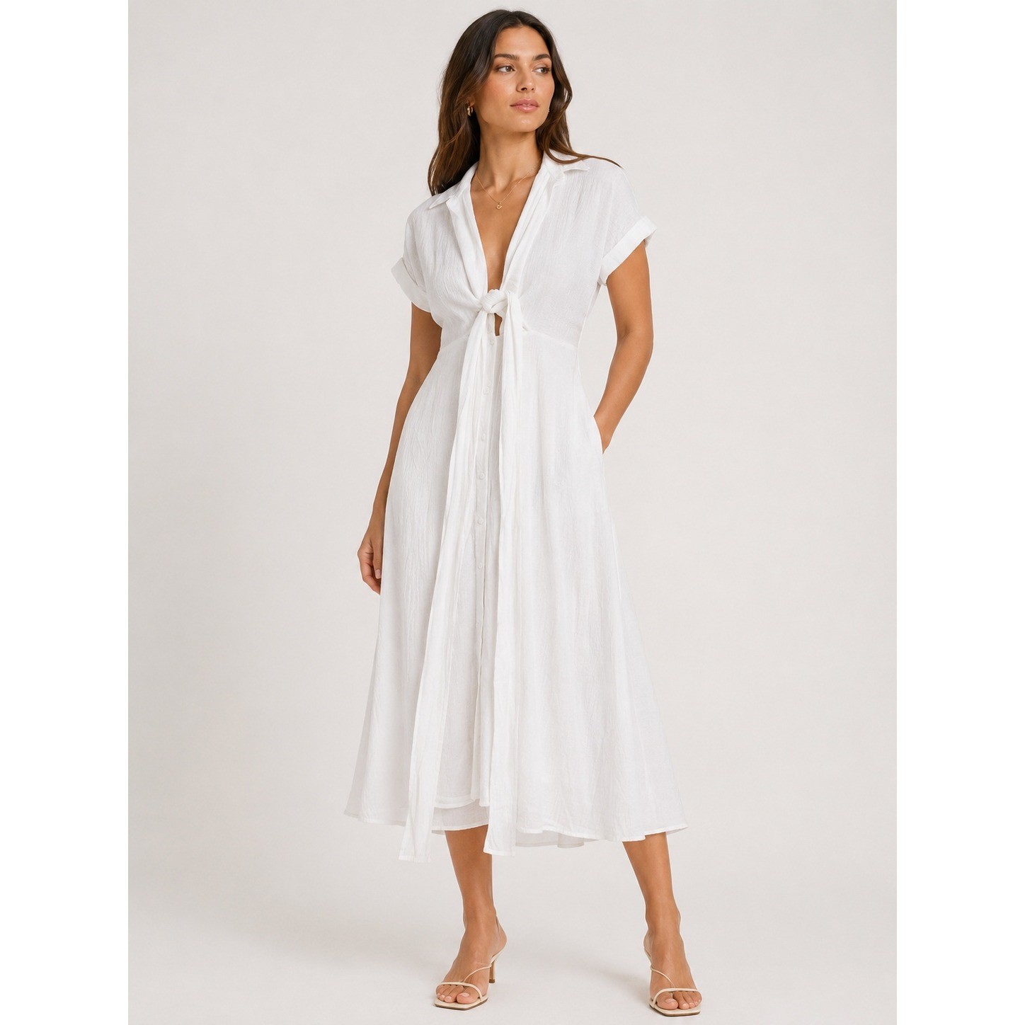 Lulus White Tie-Front Seersucker Midi Dress Short Sleeve Button Front Womens S