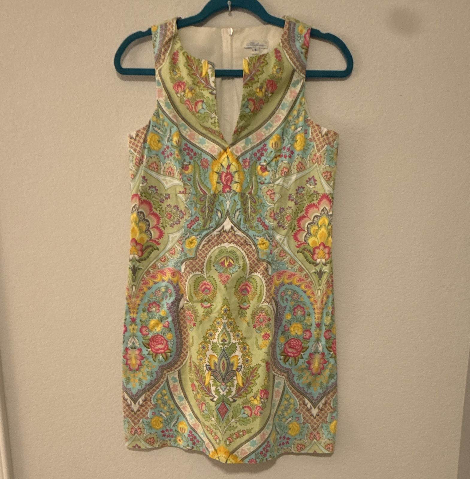 Shoshanna Women’s 8 Green Blue Floral Sheath V-Neck Sleeveless Zip Dress