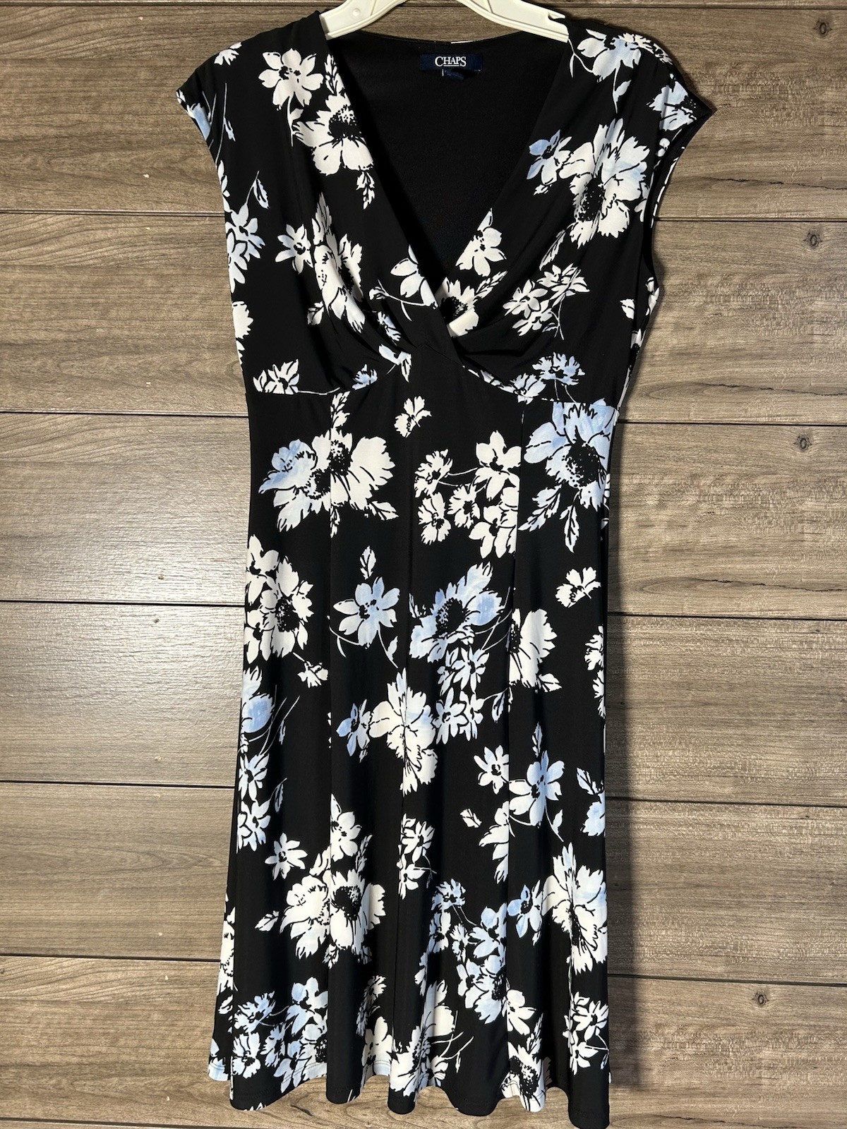 Chaps Floral Wrap Style Neckline Empire Midi Dress Size S Black With White&Blue