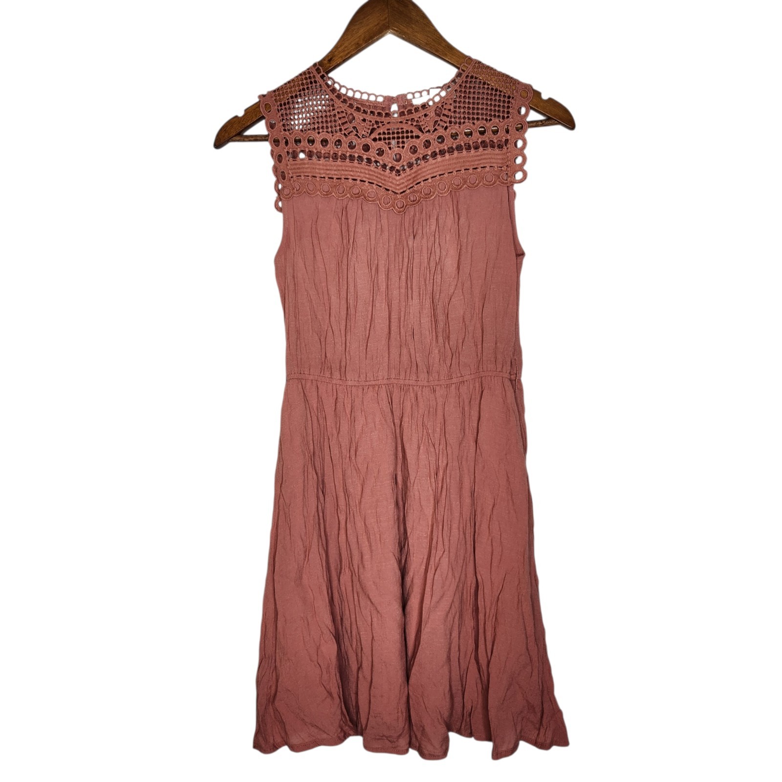 MINE Blush Pink Crochet Lace Accents Sleeveless Smocked Lined Mini Dress Size S