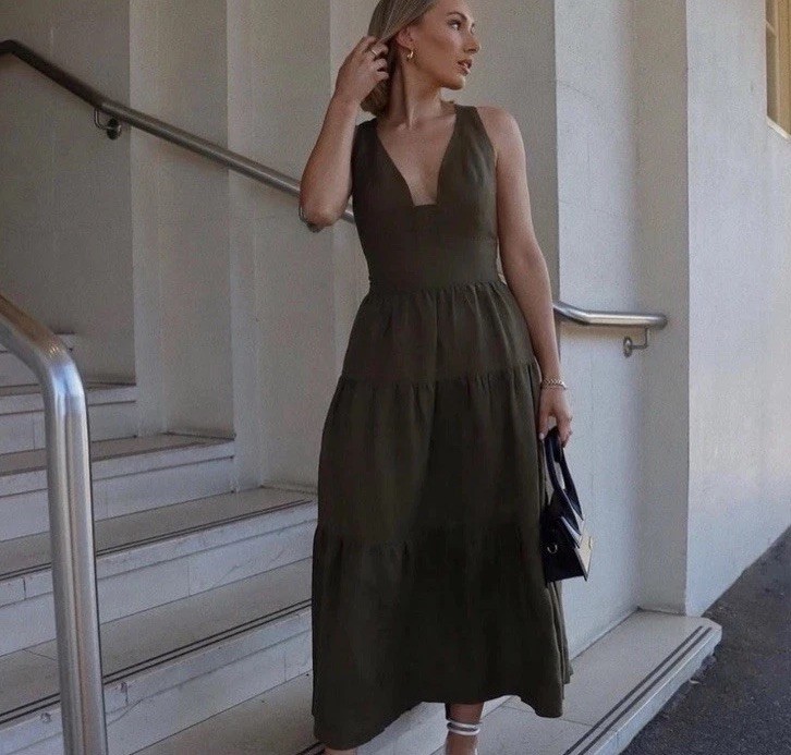 Shona Joy BNWT Julianna Linen Maxi Dress AU 12/US Cross Back Plunge Neck Tiered