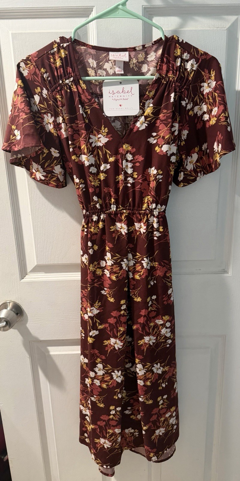 Women’s Isabel Maternity Dress Short Sleeve S Burgundy Floral Adjustable NWT