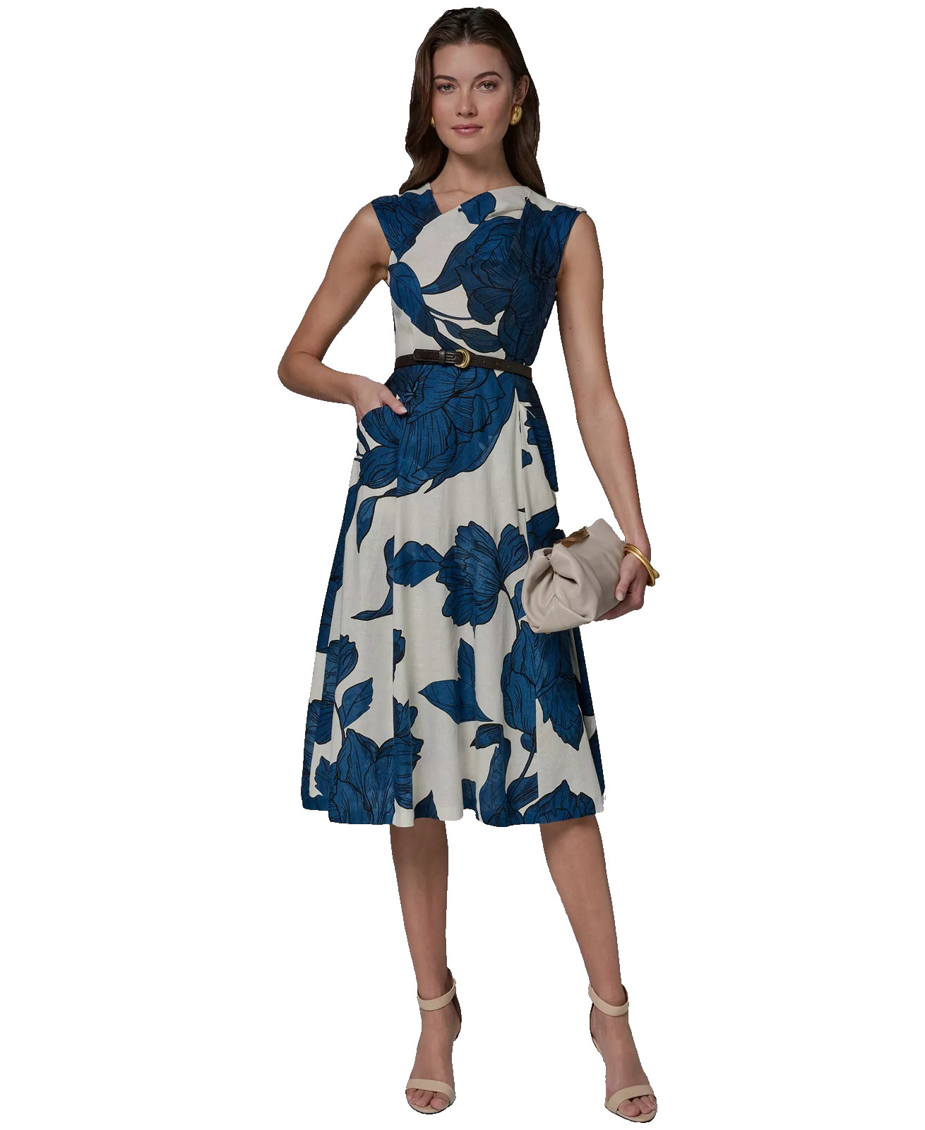 Donna Karan Linen Dress 16 Cream Blue Floral Belted Pockets Midi Asymmetric NWT