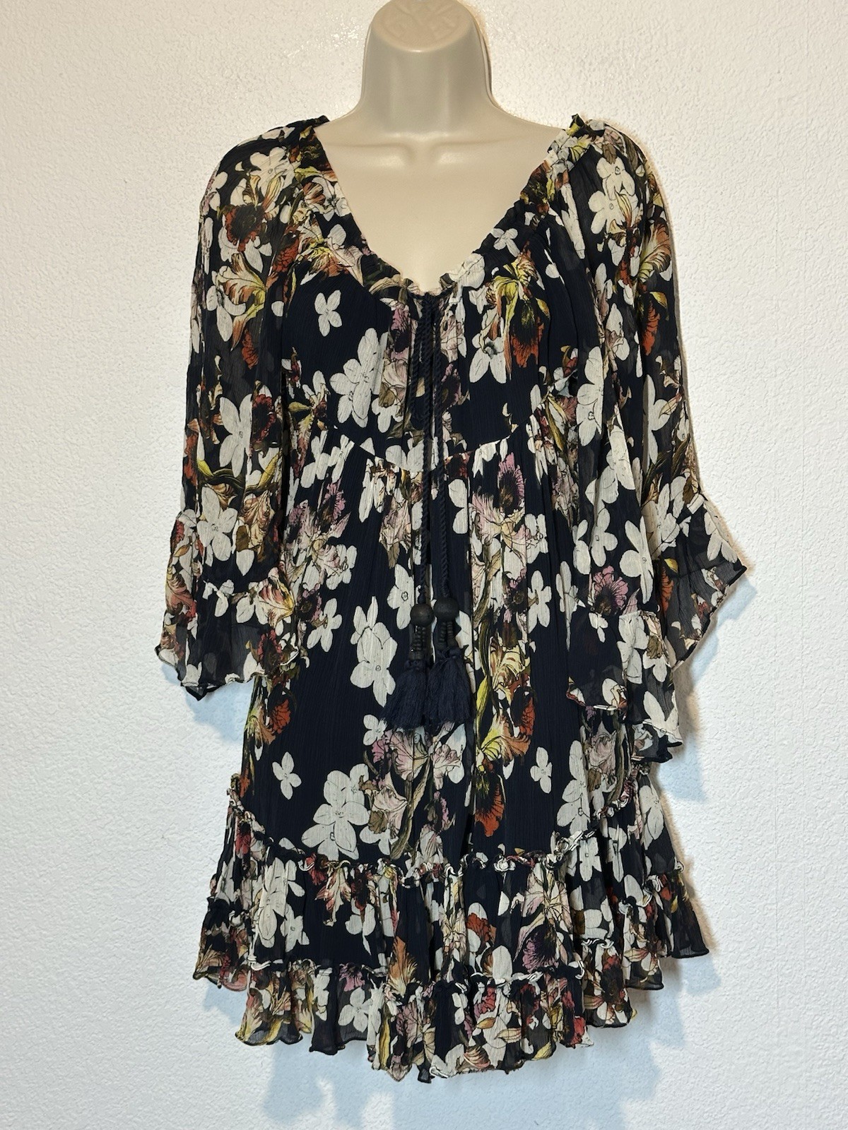 TRYB Anthropologie 100% Silk Mini Dress Navy Floral Tiered Romantic Boho Chic