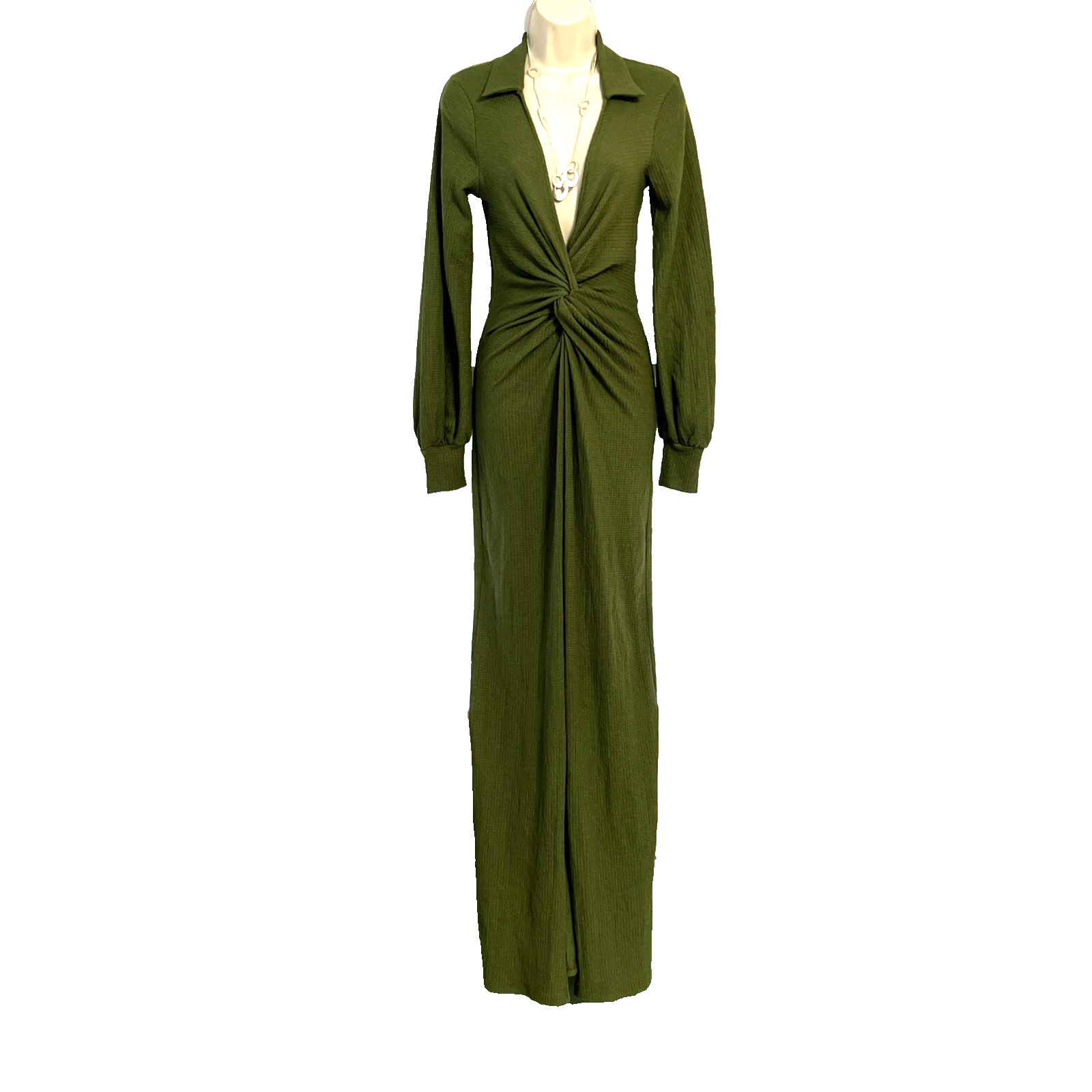 ASOS Maxi Dress Sz 4 Collared Deep Plunge Twist Waist Cuffed Balloon Sleeve Slit