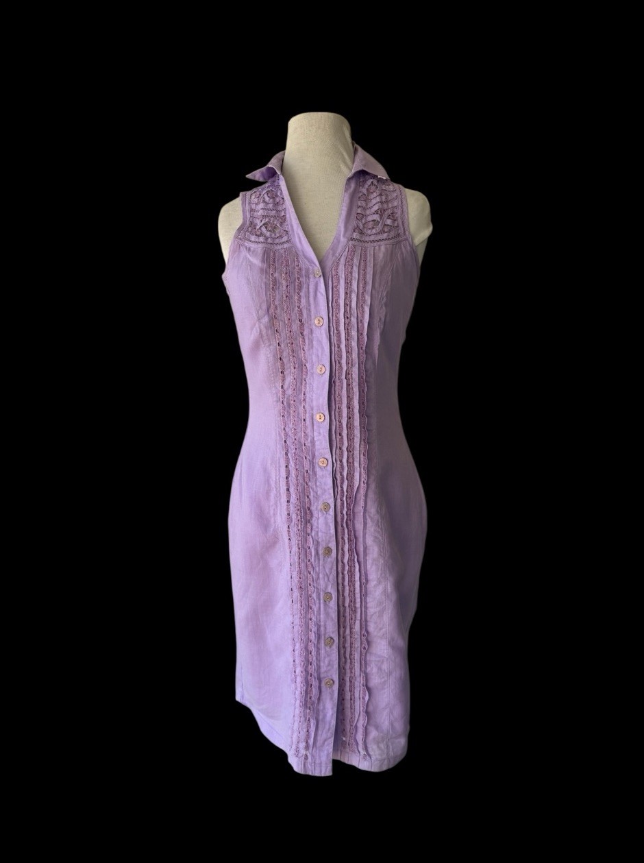 Vtg 70s Frixio Embroidered Lavender Guayabera Shirt Dress Sz 8 Ramie Cabana