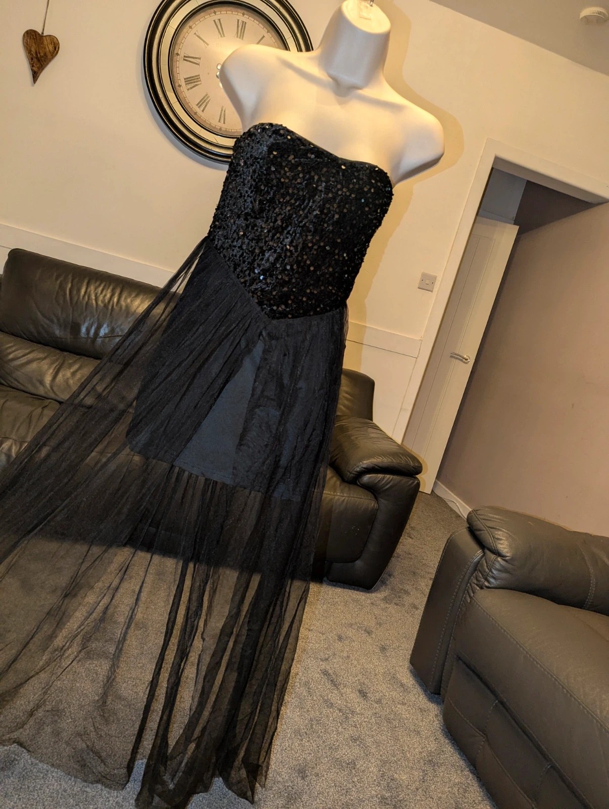 SHEIN Black Sequin Corset Tube Dress with Sheer Tulle Overlay – Size M