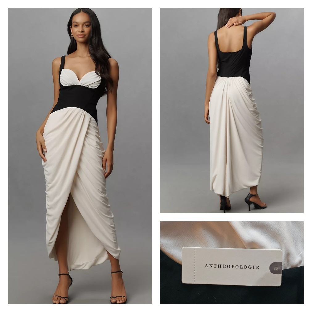 MAEVE by ANTHROPOLOGIE Ruched Corset Midi Dress Black & White Medium NWT $198