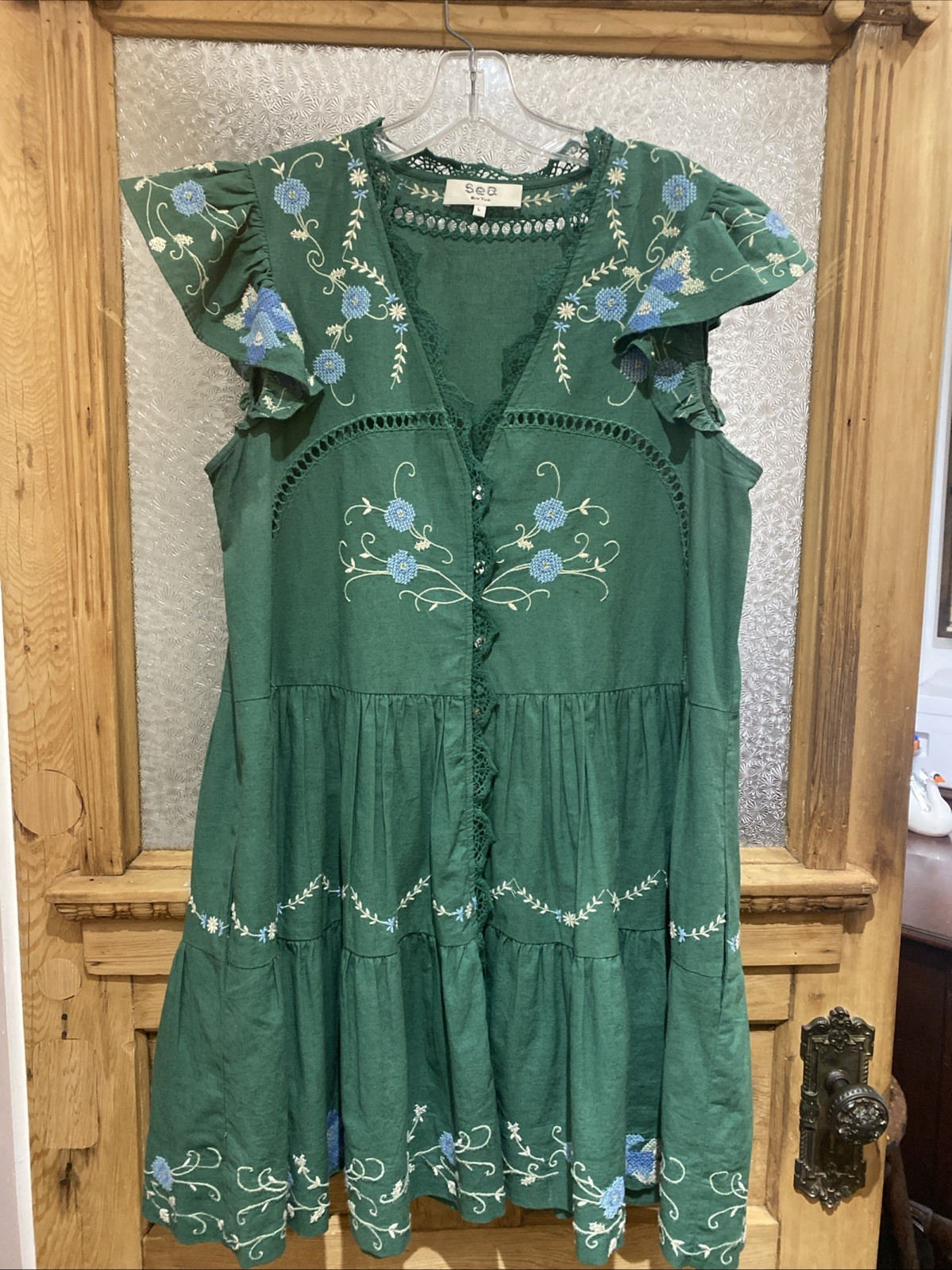 SEA NEW YORK SIZE LARGE GREEN CROSS-STITCH EMBROIDERED DRESS