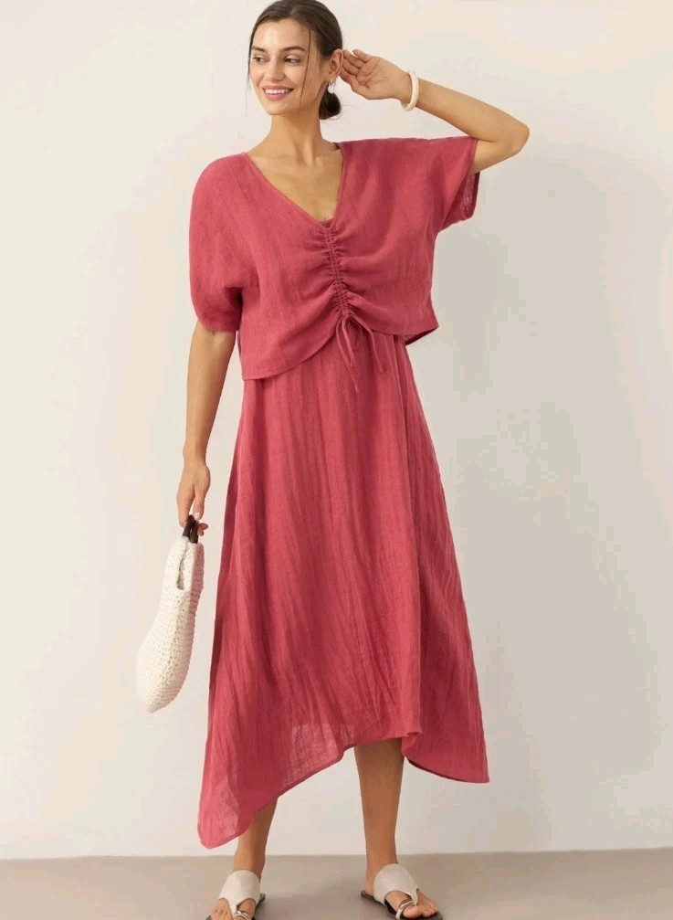 Lintico 100% Linen Dress & Top Set Size L Summer Asymmetrical Beachy Boho