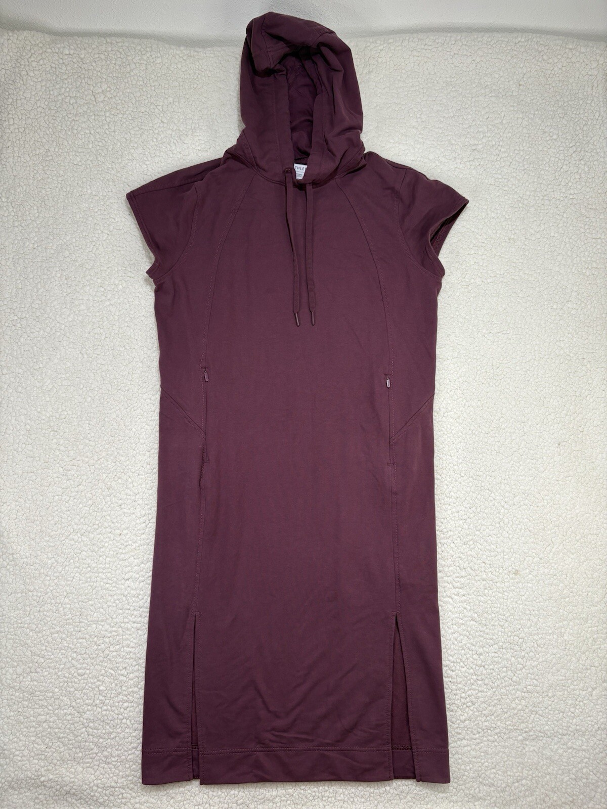Athleta Short Sleeve Hoodie Sweatshirt Dress Burgundy Maroon Size S Midi Slits