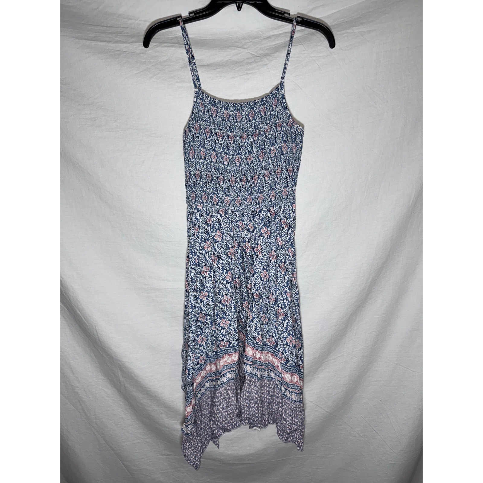 Boho Chic Floral Paisley Handkerchief Hem Midi Dress Blue Pink Womens Small