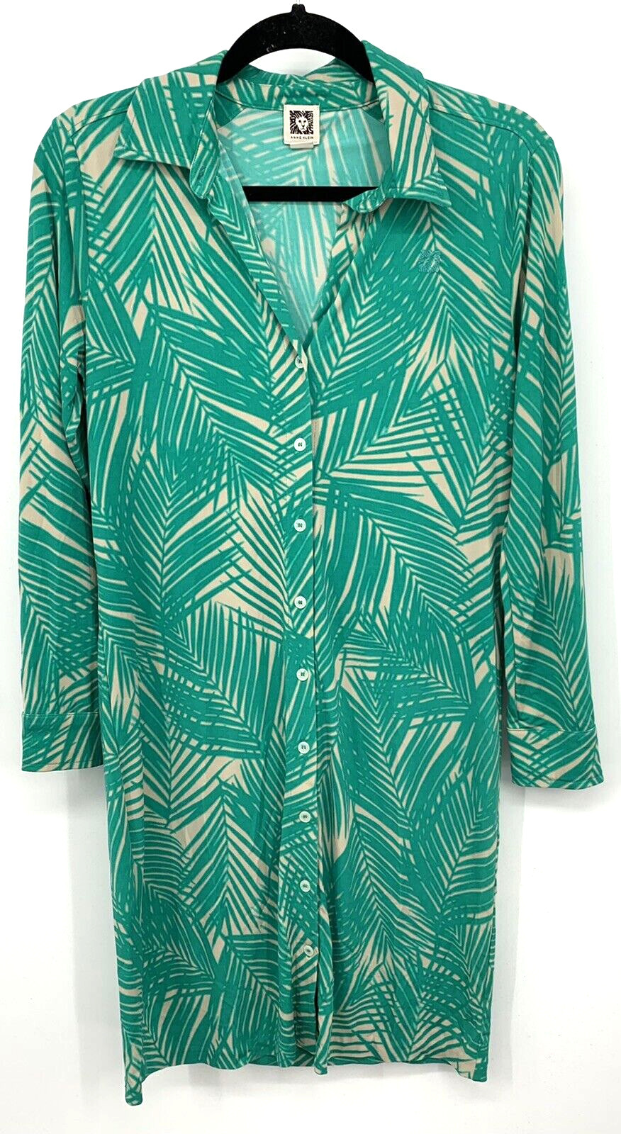 Anne Klein Shirt Dress Green Tan Women Small S Long Sleeve Stretch Tropical B83