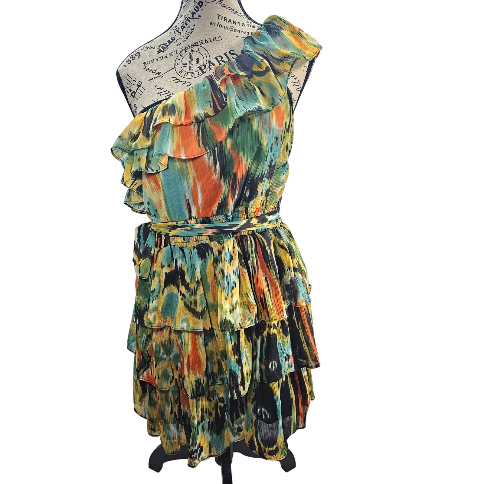 Poetry Clothing Women One Shoulder Ruffle Tiered Mini Dress Abstract Print L