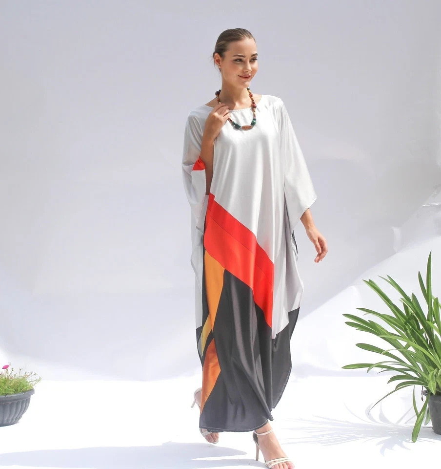 Soft Satin Silk Geometric Harmony Luxe Kaftan, Long Kaftan, Beach Wear, J5846