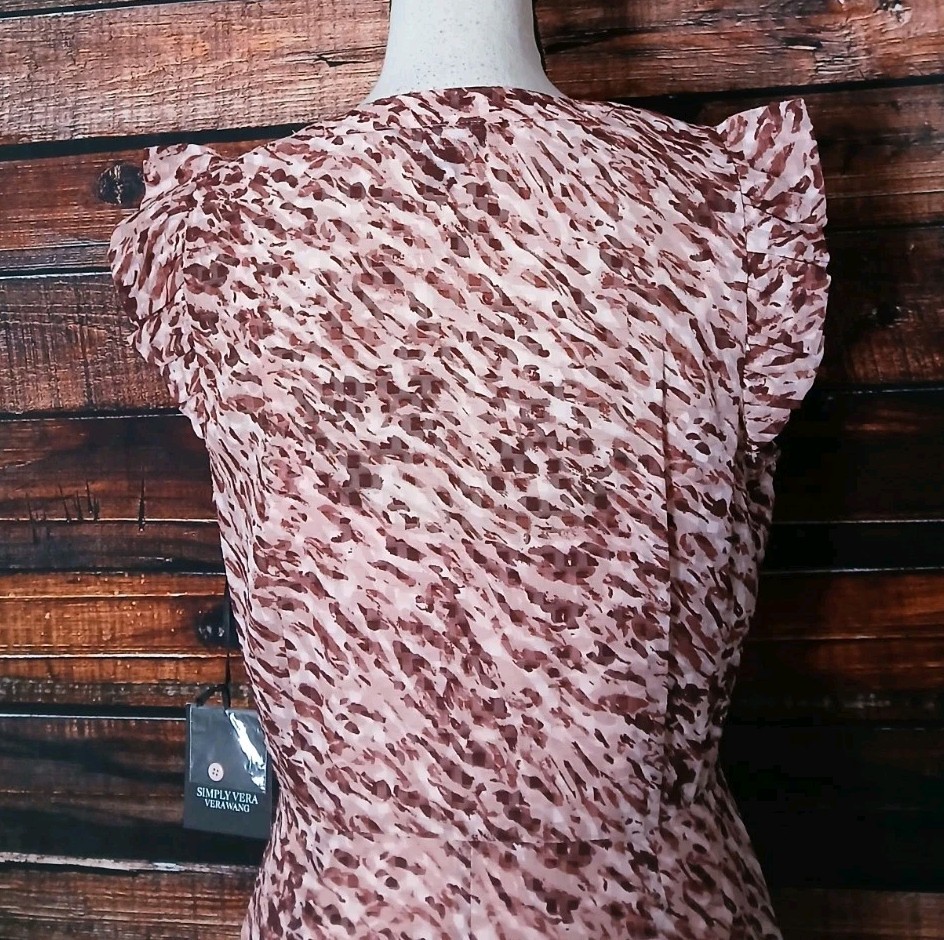 Simply Vera Wang Midi Dress M Button Down Abstract Ruffle Sleeve Pink NWT