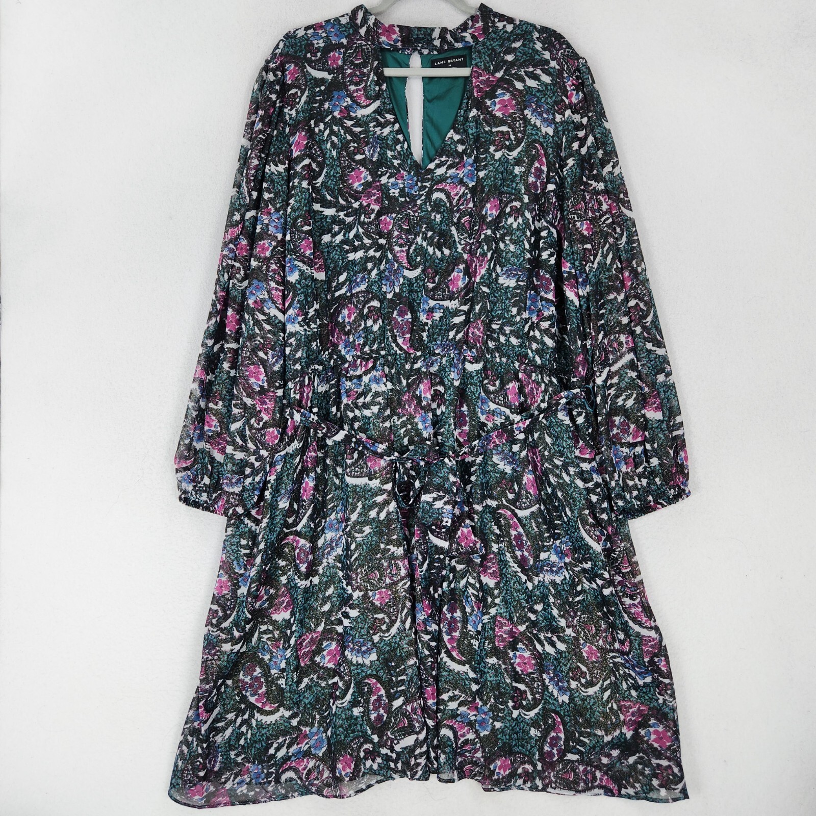 Lane Bryant Dress Womens 24 Green Gold Floral Long Sleeve Tie Waist Midi Casual