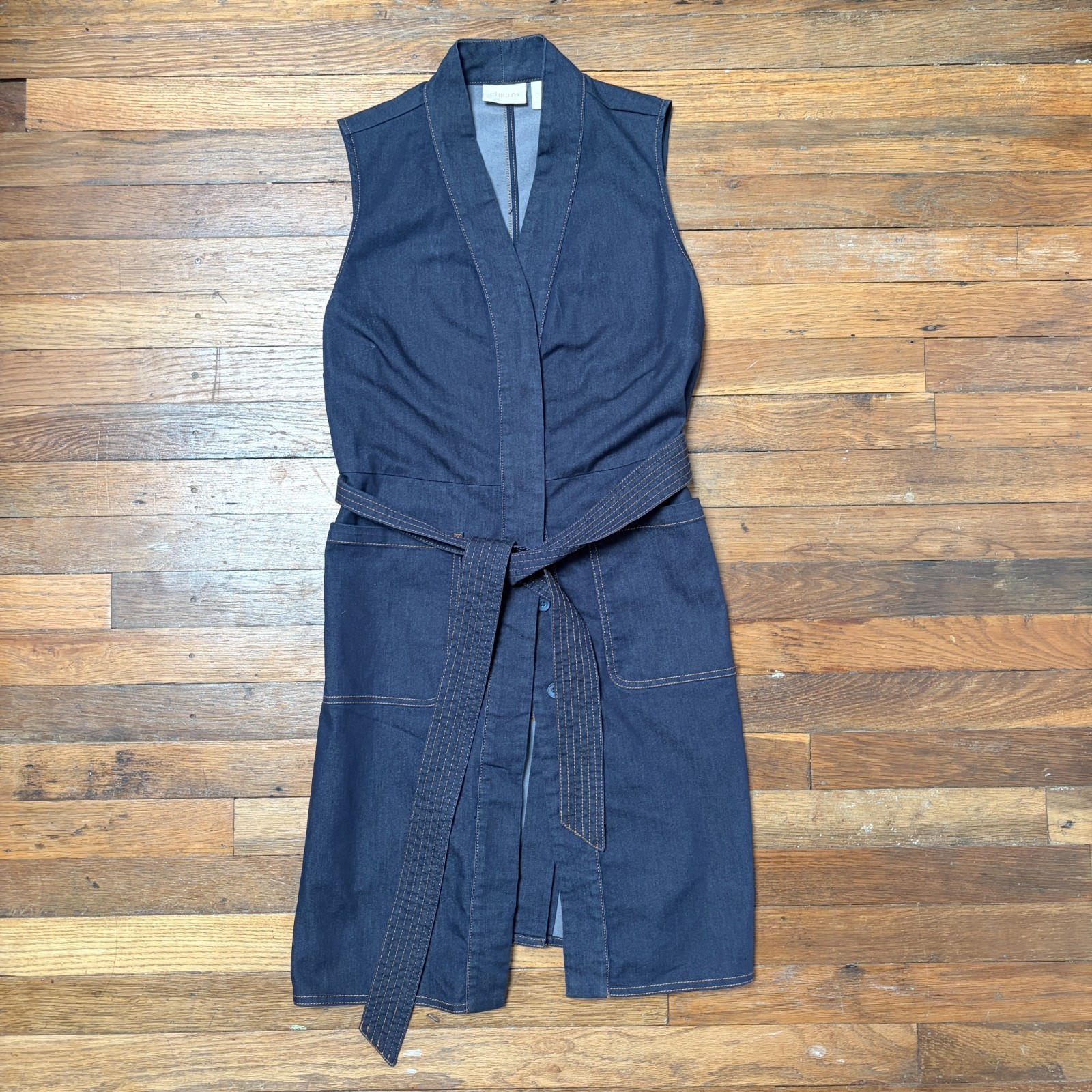 Chico’s Denim Dress Size 1 Sleeveless Belted Dark Wash Button Front Pockets