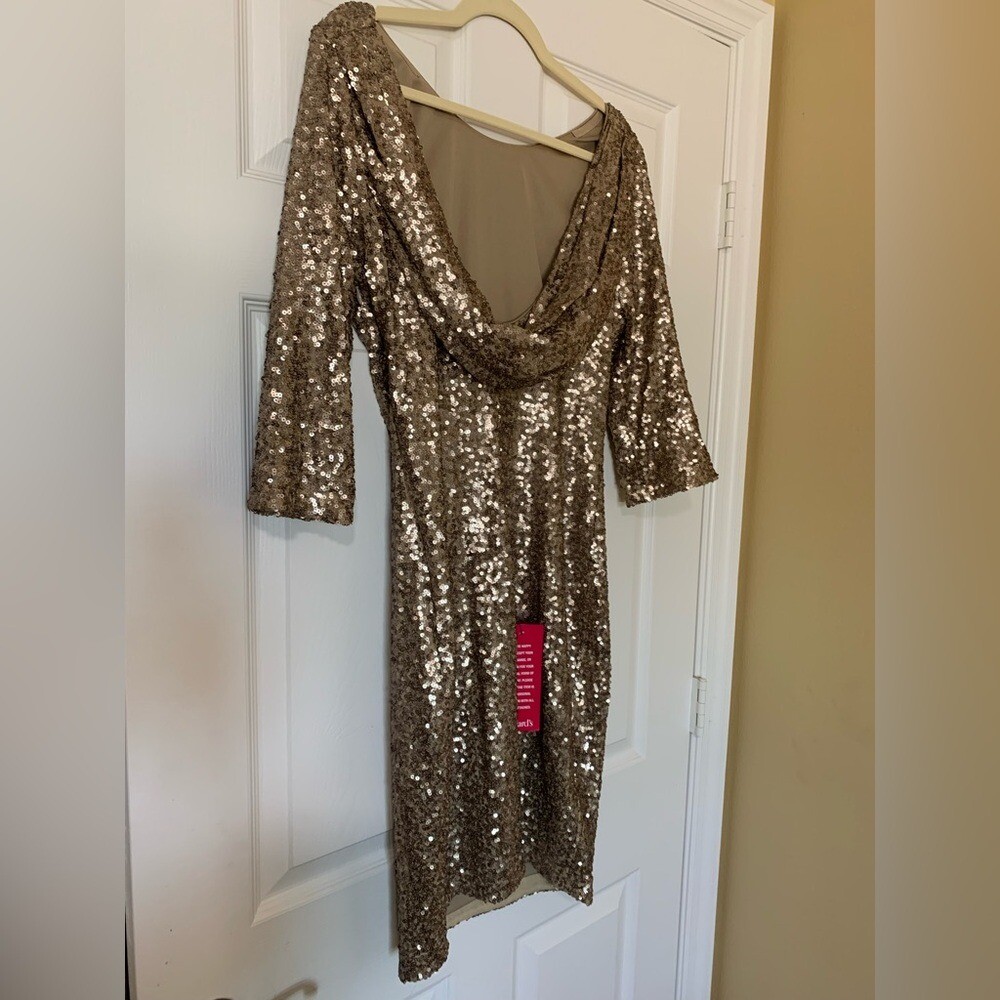 Badgley Mischka Gold Sequin Cuffed Sleeve Sheath Dress Sz L Formal Cocktail Gala