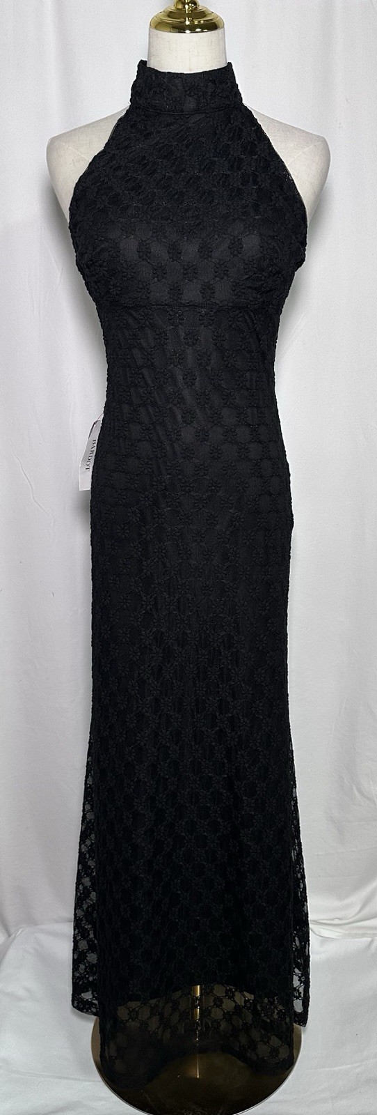 Bardot Maxi Gown Dress Large Sleeveless High Neck Halter Open Back Lace Black