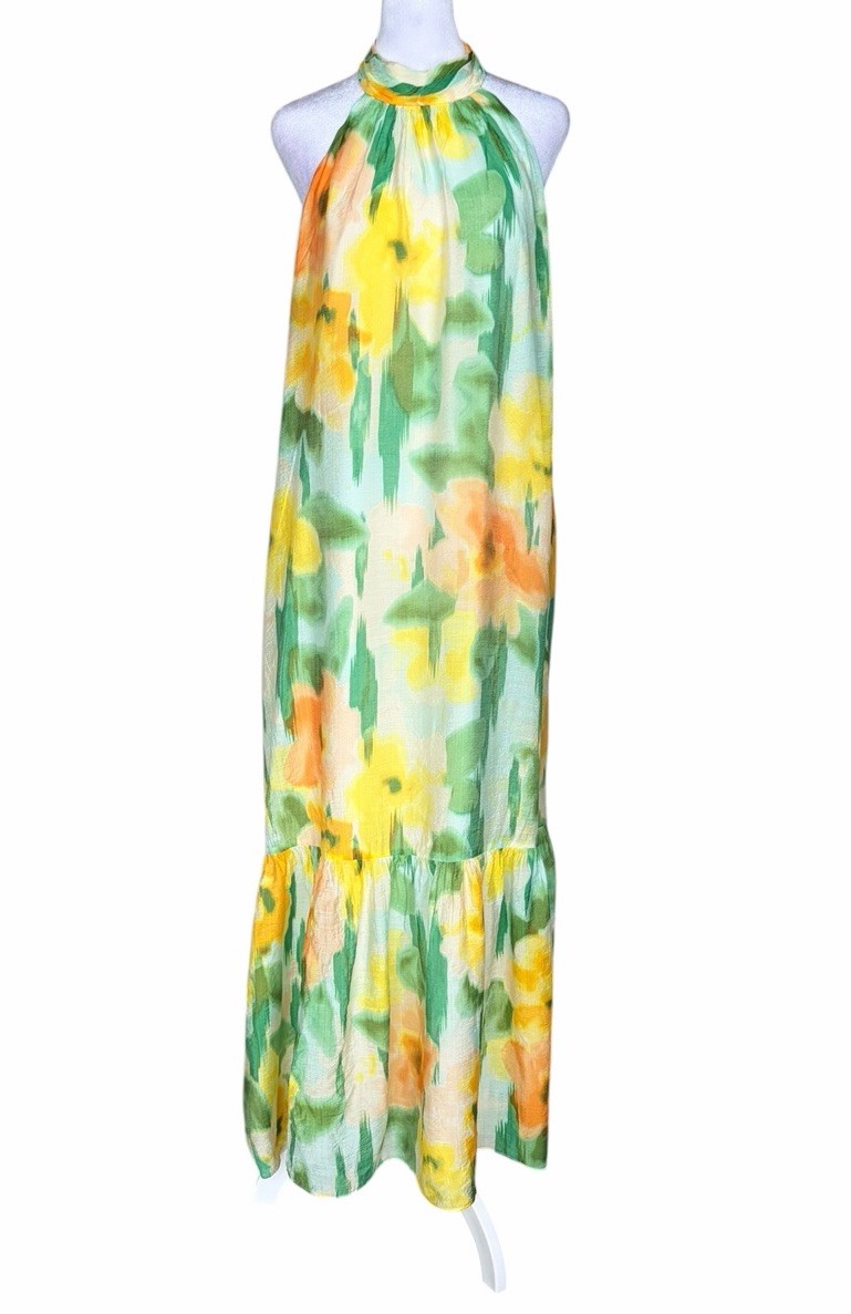 1. STATE Green Yellow Orange White Floral Halter Maxi Dress Ruffle Hem Size L