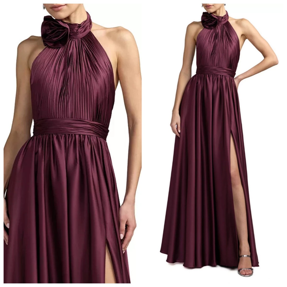 Eggplant Purple Hanging Neck High Slit Prom Ball Dress Folded Satin Evening Gown