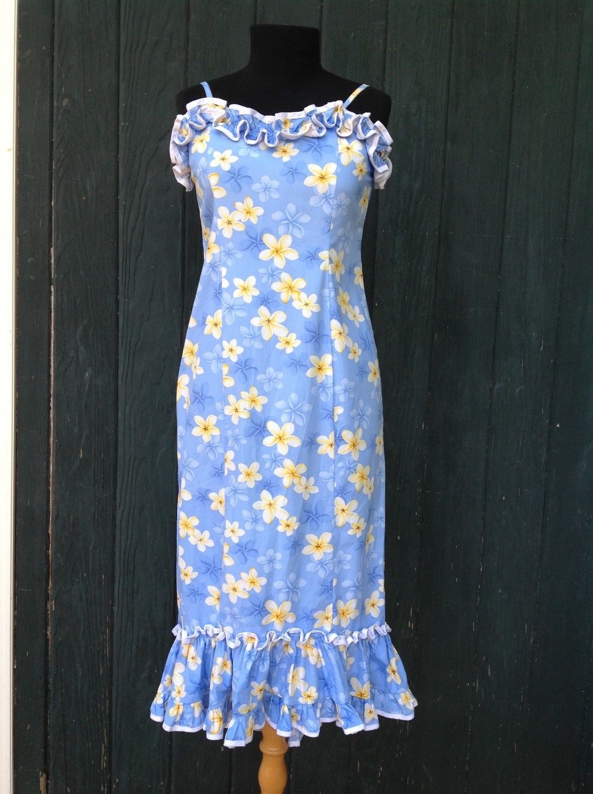 KY’s Hawaii Sz12 Junior Cotton Spaghetti Straps Ruffle Dress Blue Floral vintage