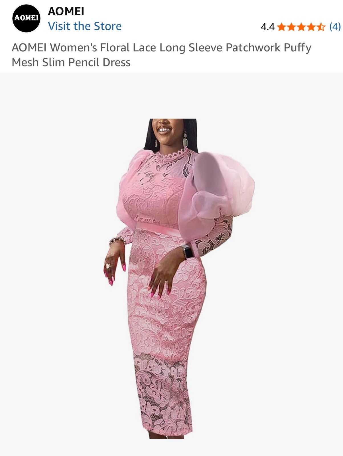 AOMEI Women’s Pink Floral Lace Long Puffy Sleeve Pencil Glinda Dress