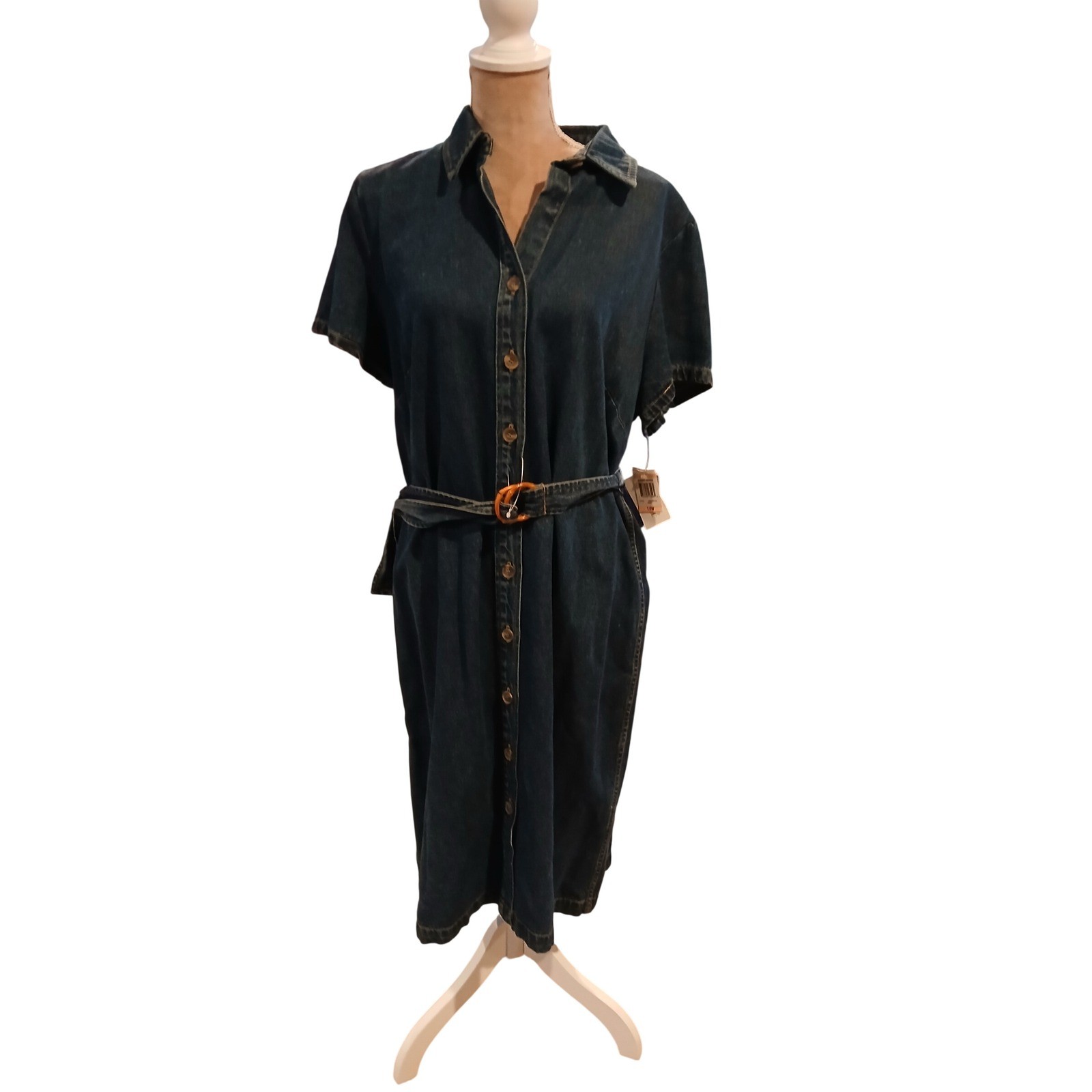 Charter Club Denim Shirt Dress Dark Wash Button Front Belted 14W Womans Casual
