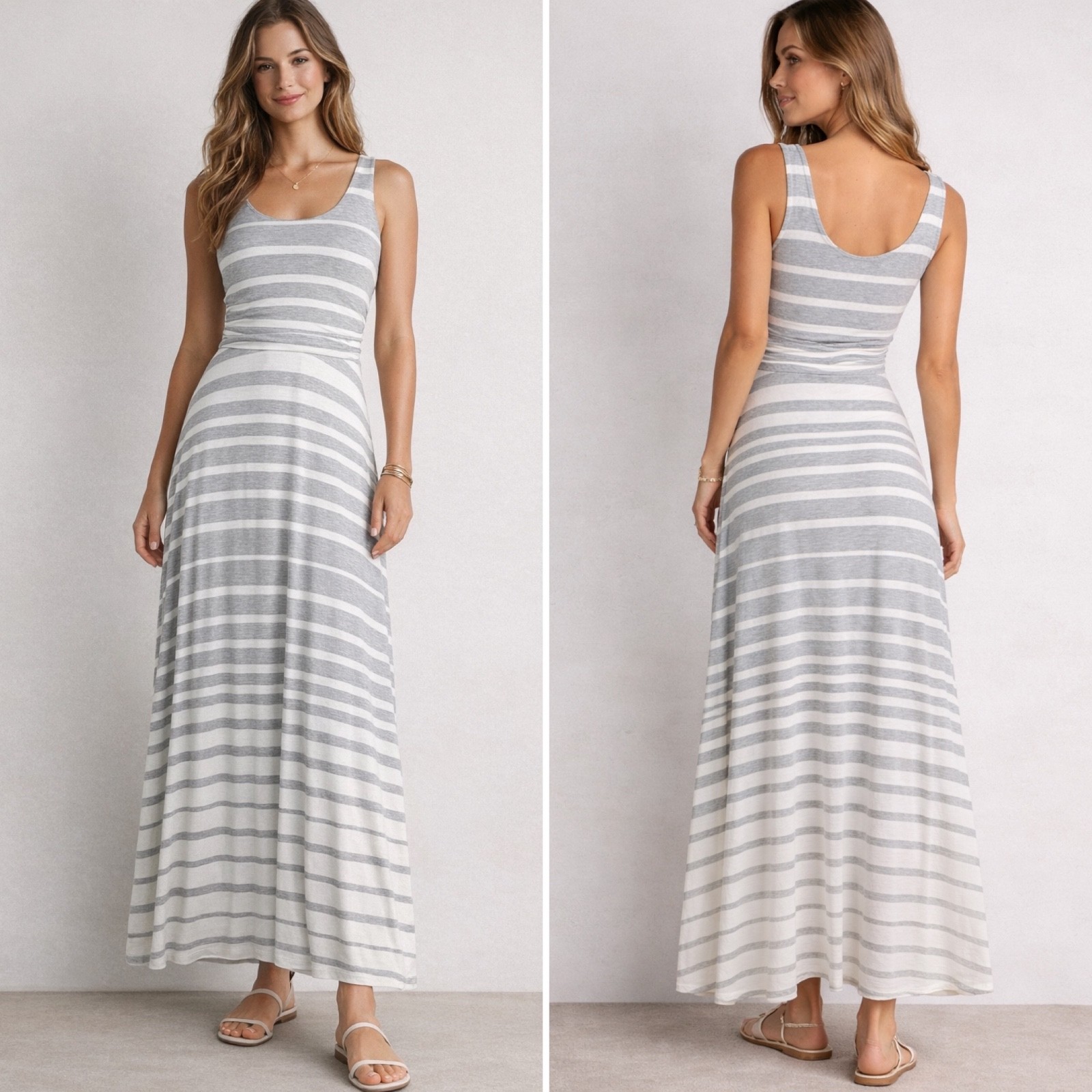 Athleta Stripe Maxi Dress Grey White Soft Stretch Sleeveless Small NWT Tank Line