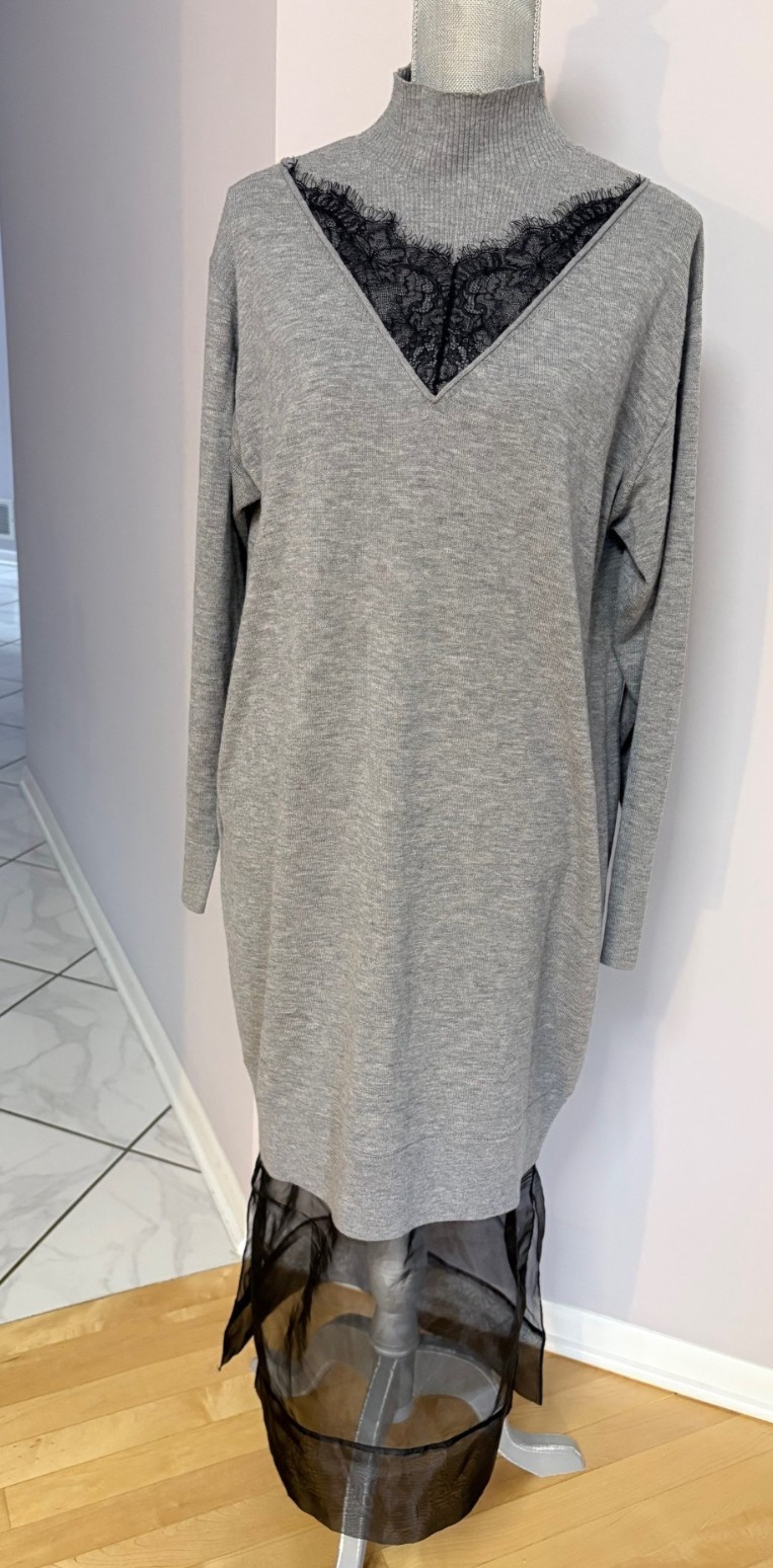 NWT Phillip Lim Women’s Gray Mockneck Knit Dress With Lace Inlay Size M