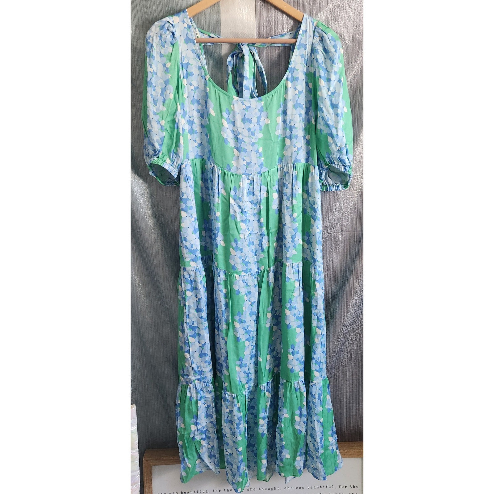 Emily McCarthy Green Blue Floral Hydrangea Daphne Tiered Dress Smocked Back L