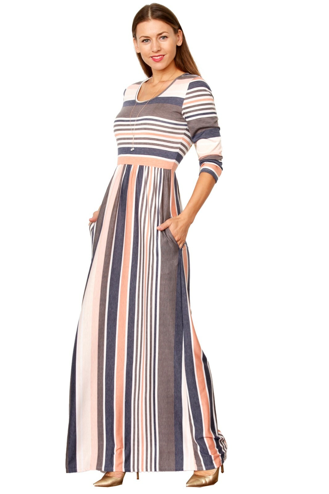 Eloges 3/4 Sleeve Multi Stripe Maxi Dresses S to 3X Plus