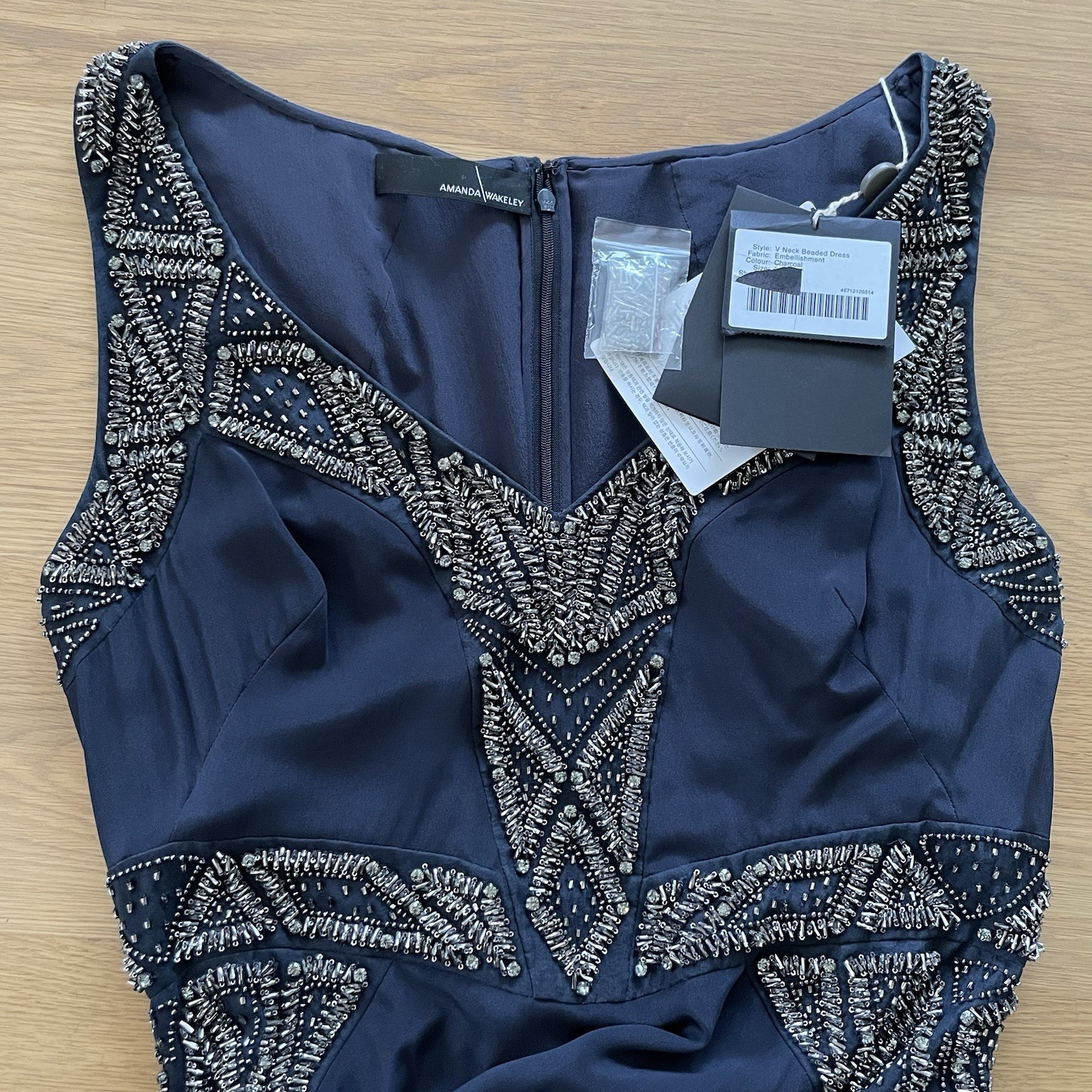 AMANDA WAKELEY Jelena Navy Gown, Size AU/UK 14 US 10, Beaded Silk Evening Dress