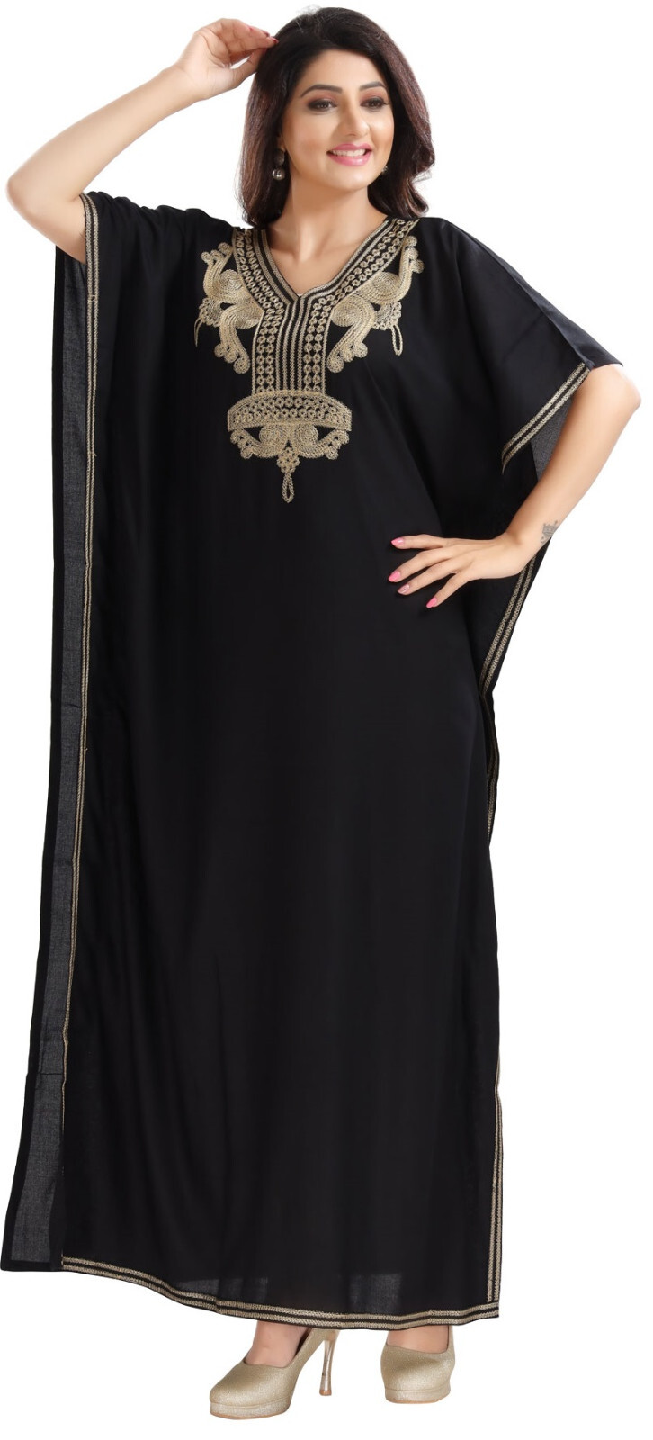 AK02 Embroidery Neck and Border Viscose Rayon Black FIT UK 10 – 22 LENGTH 55 INC