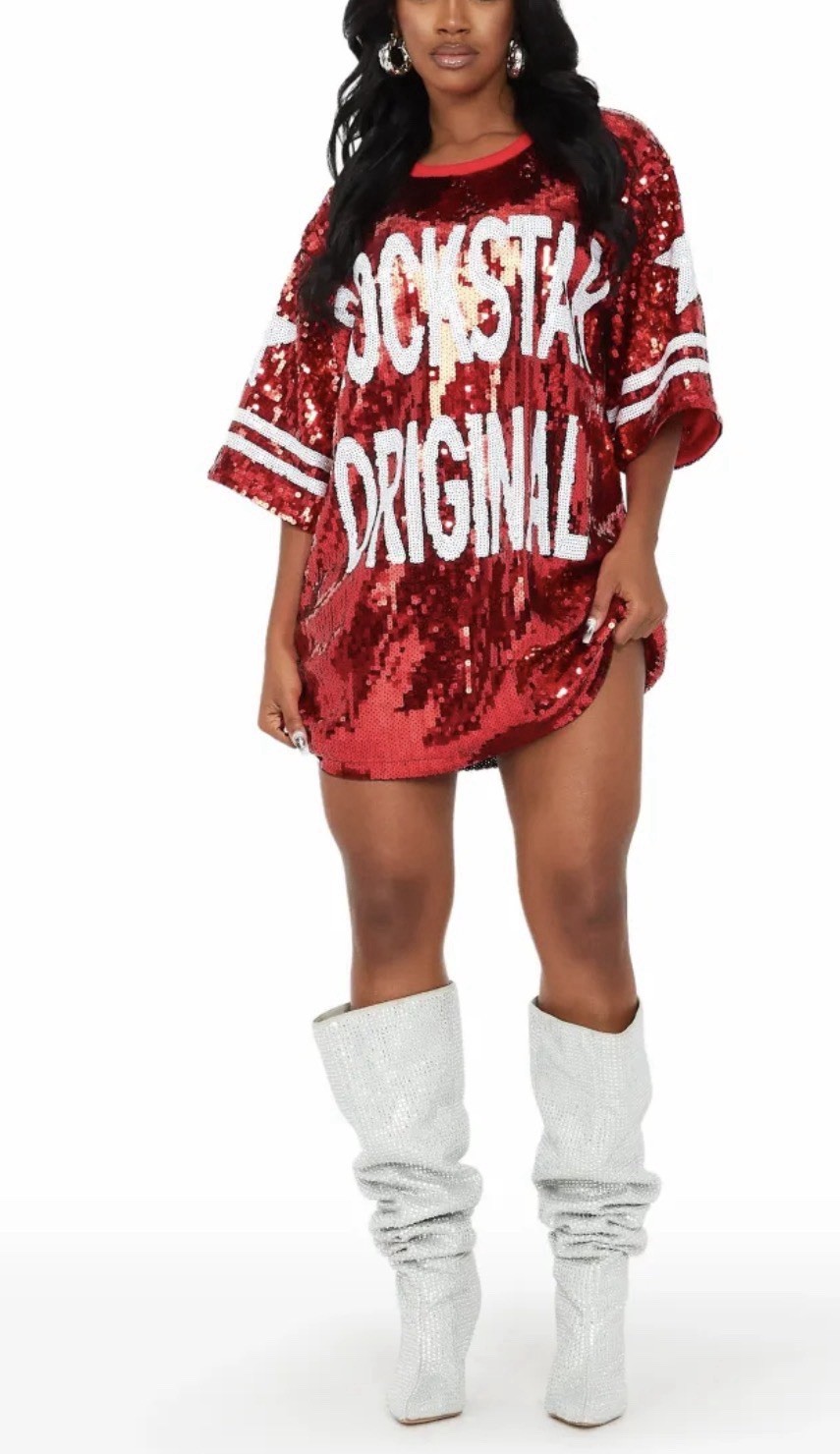 ROCKSTAR ORIG Game Day Red Sequin Mini Dress Football Jersey Oversized Sz OS