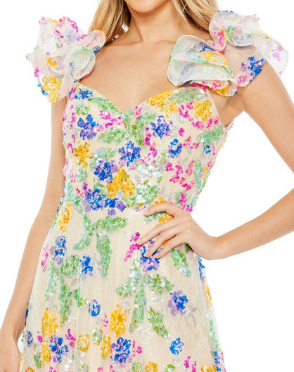 Mac Duggal 68068 Sequin Embellished Ruffle Sleeve Gown Multi Floral Size 0
