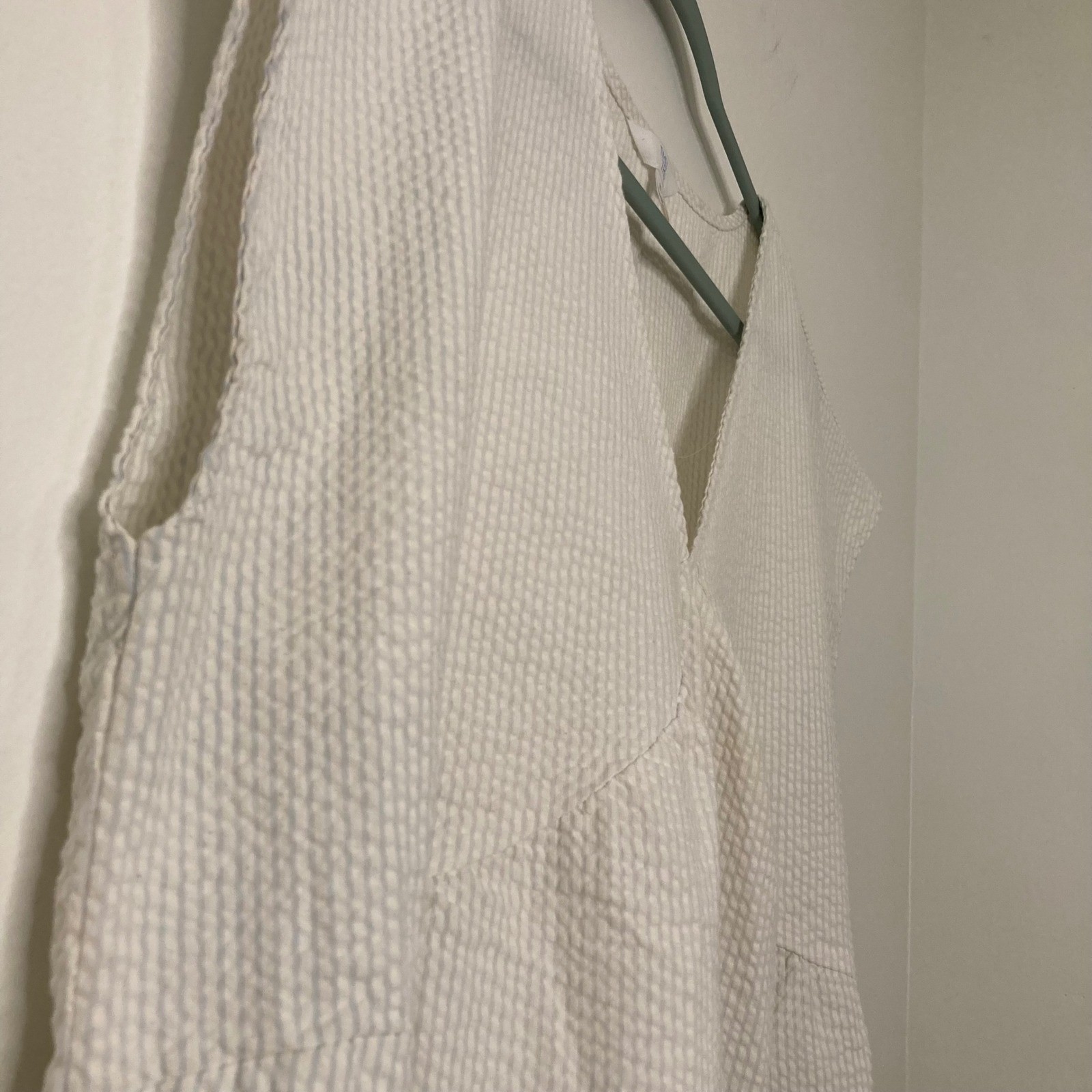 Coastal White Seersucker Tiered V-Neck Mini Dress Cottage Babydoll Pockets XL