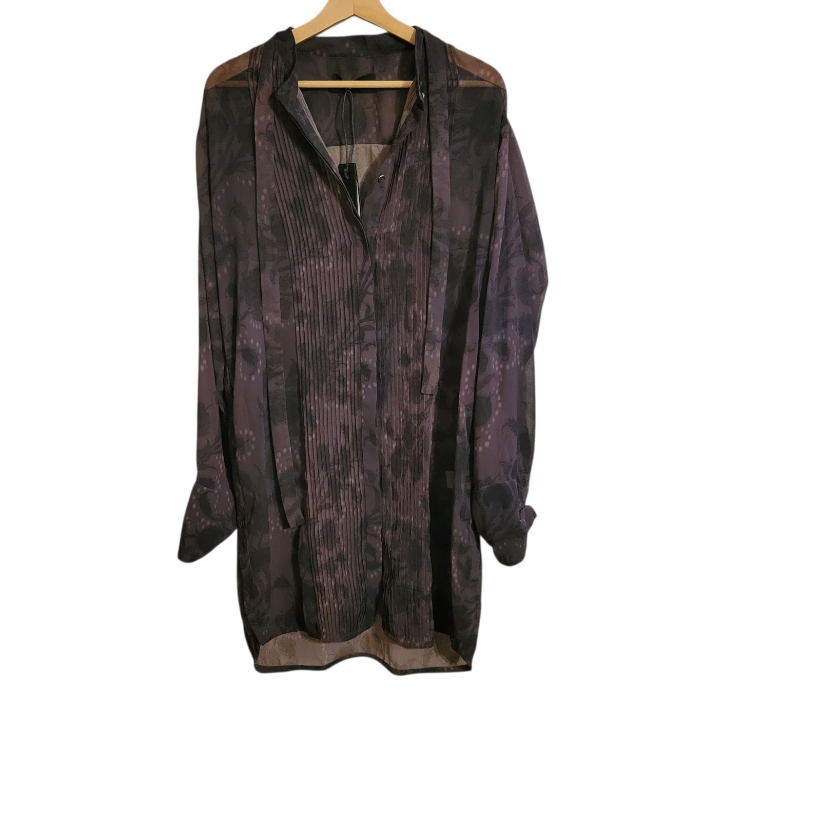 Qasimi Floral Shirt Dress NWT Brown Sheer Long Sleeve Tunic Size 42 US 10