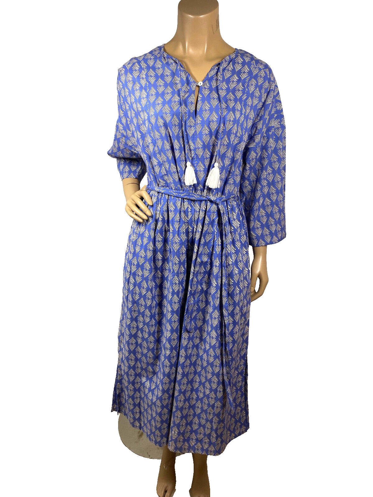 Graymarket Designs Hand Block Printed Dress Size S/M Blue Keyhole Neck Belted