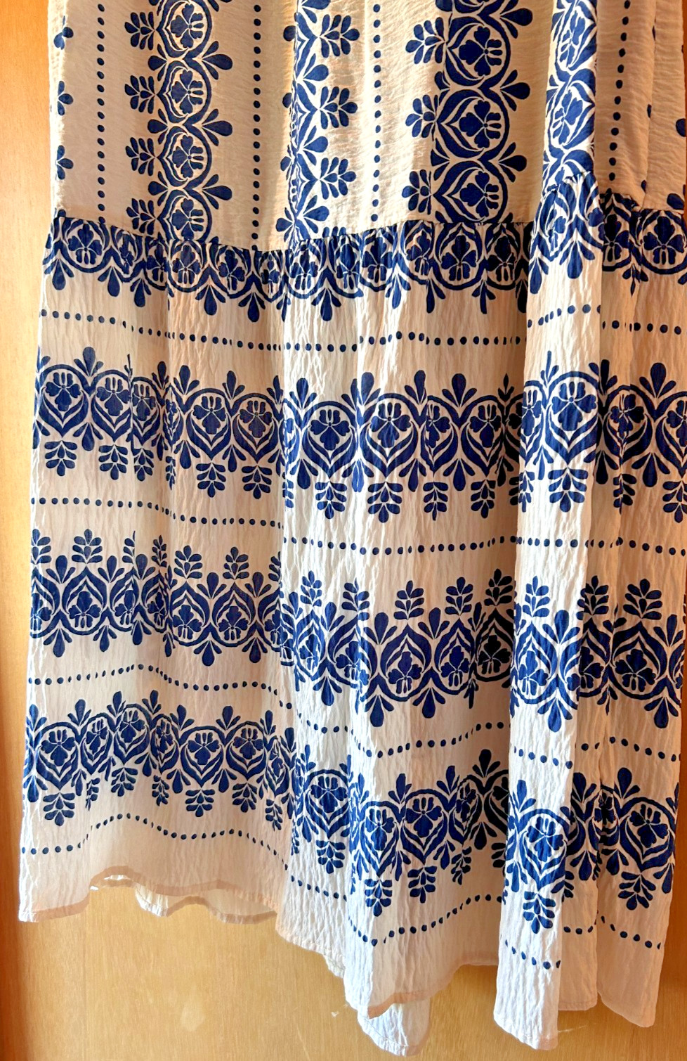 Fig & Flower Tropical Tiered Midi Dress Blue White Sz L Summer Coastal Vacation