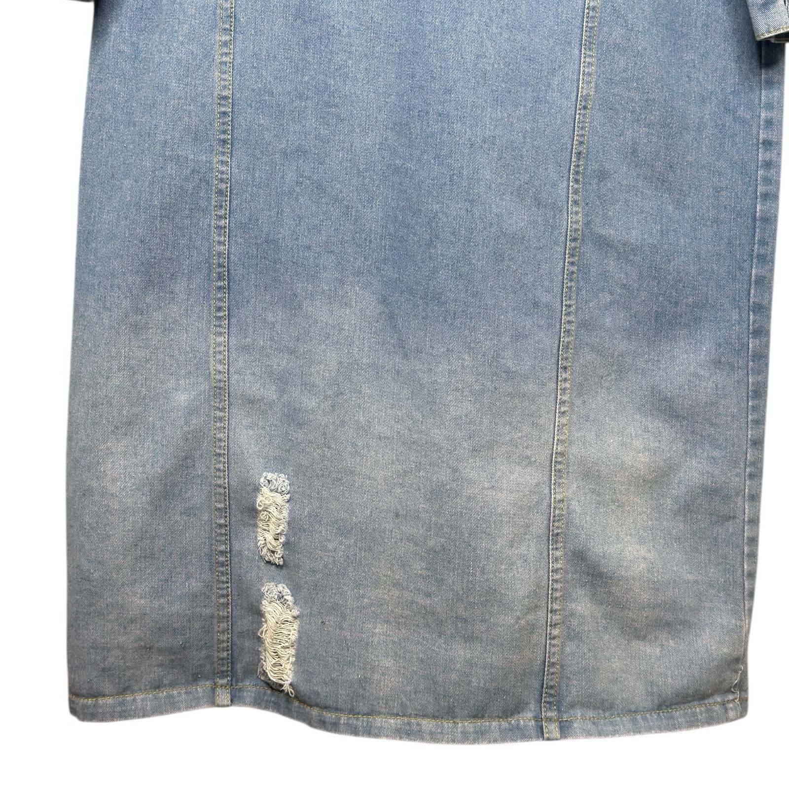 Women’s Long Sleeve Button Down Medium Wash Maxi Dress Size XL Distressed