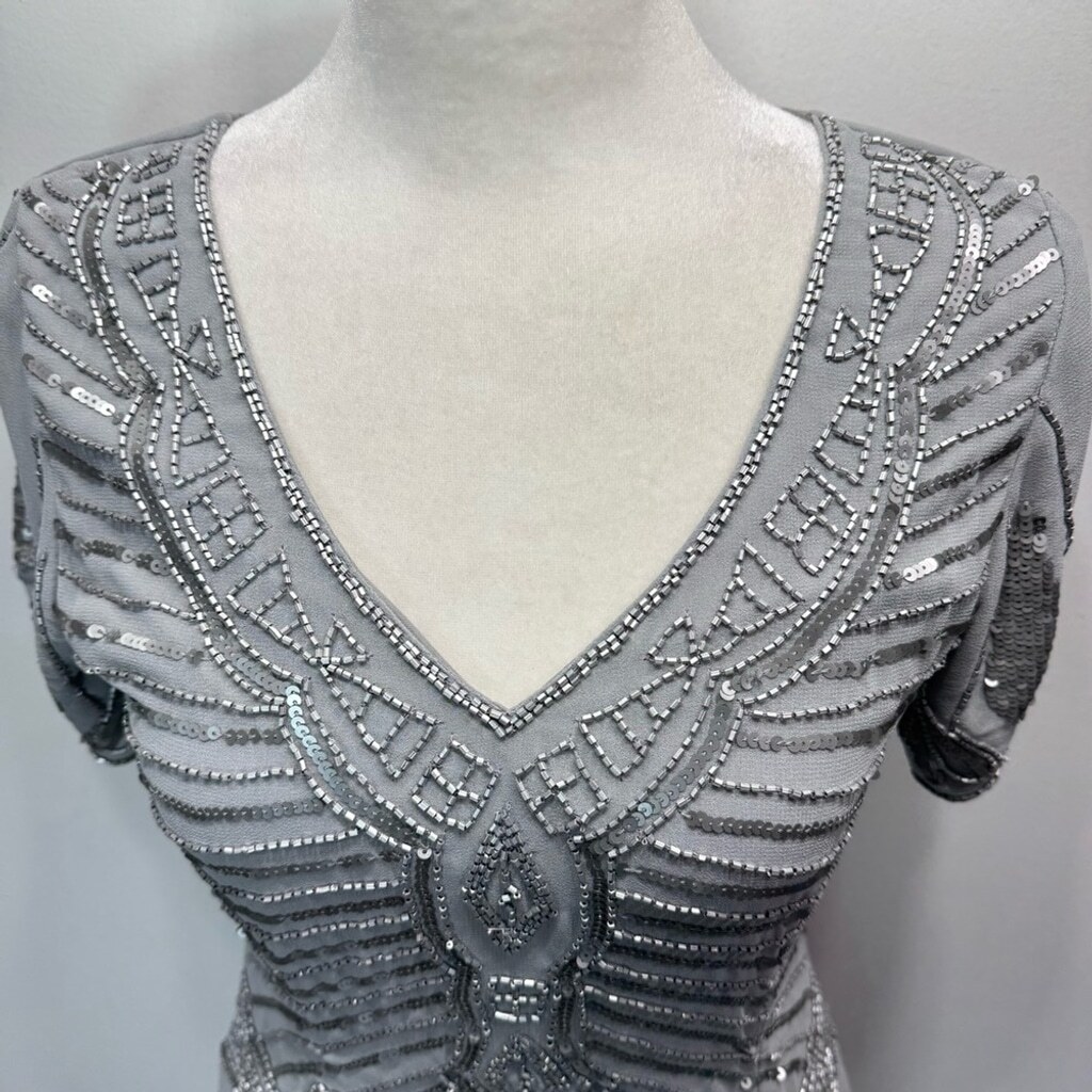 Cocktail Party Dress Silver Beaded Sequined Short Sleeve V Neck By Lace & Beads