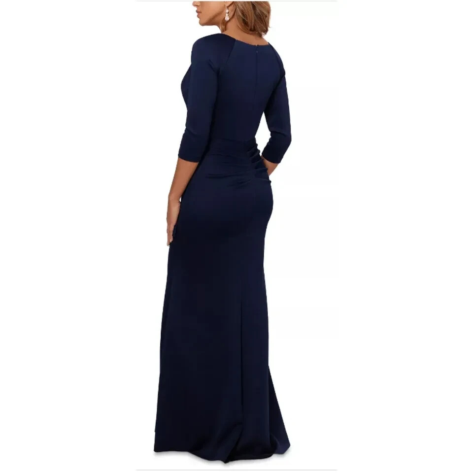 Xscape Midnight Blue Ruched Scuba Ruffle Gown Size 6 $248