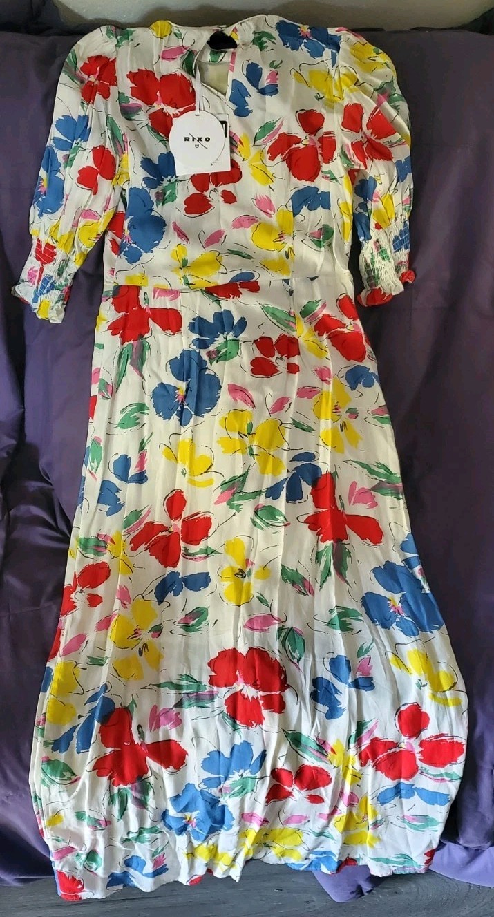 Rixo x Target Sz 6 White Floral Midi Dress Bold Maximalist Artsy Dopamine Resort