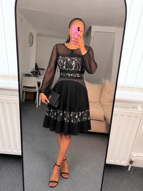 Coast longsleeve lace lined fit & flare black dress size 12